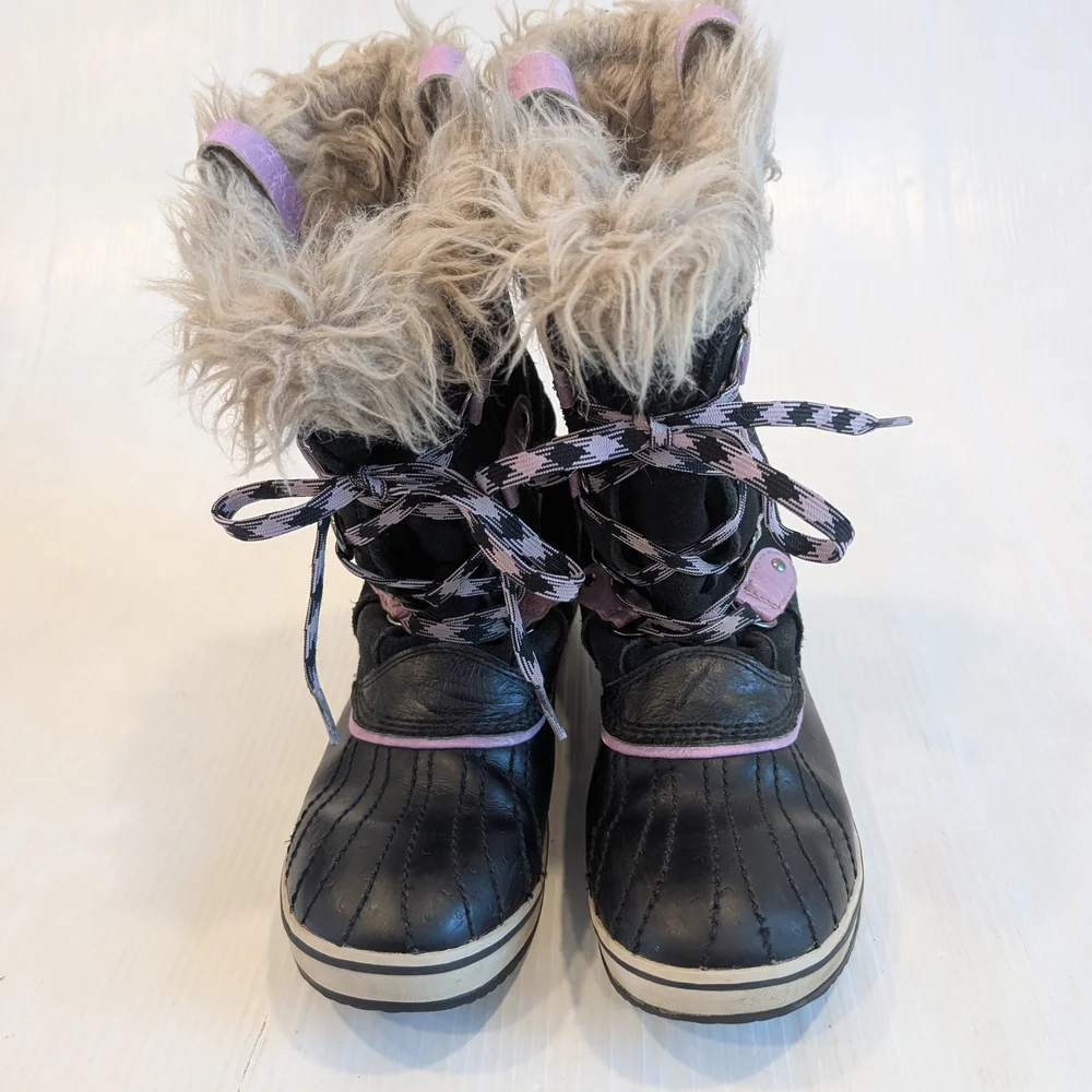 SOREL Youth Joan Of Arctic Black Purple Lace-up Winter Boots Fur Trim Size 6